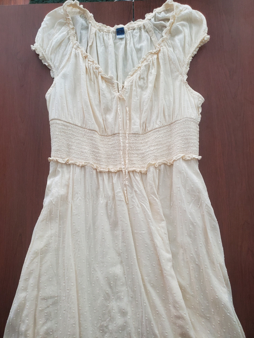 Old Navy Cream Swiss Dot Dress with Smocked Waist